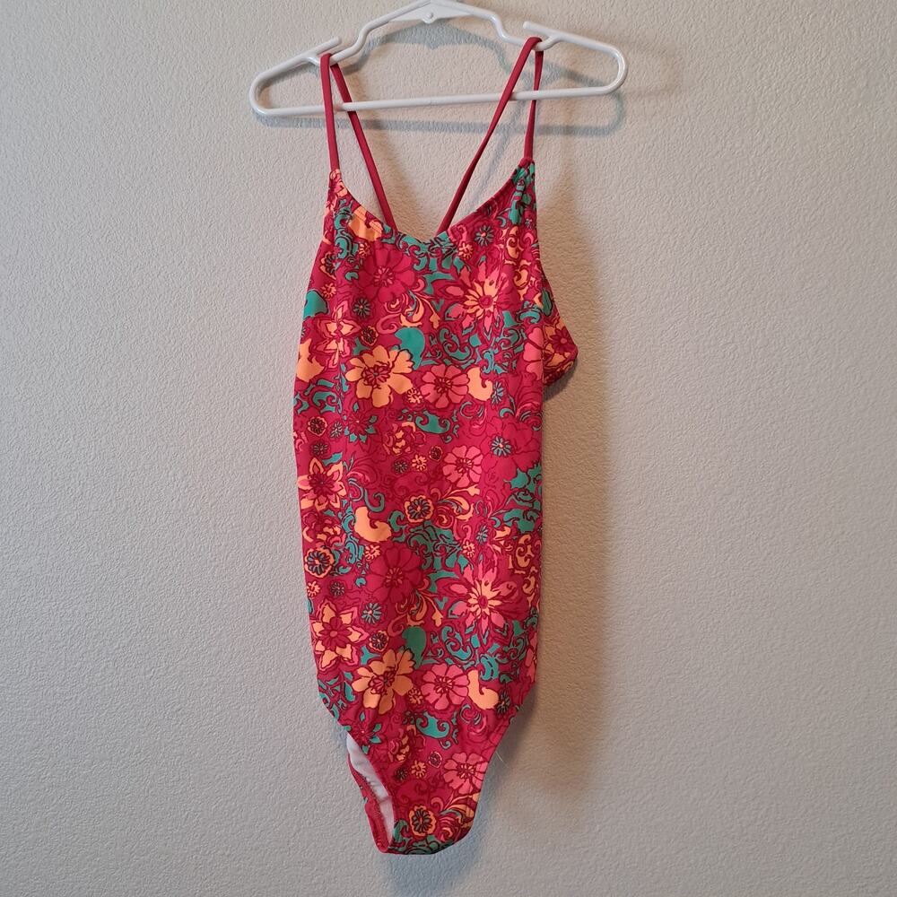 Kanu Surf Girls Sport 1-Piece Swimsuit floral pink‎ crisscross straps.  Size 14